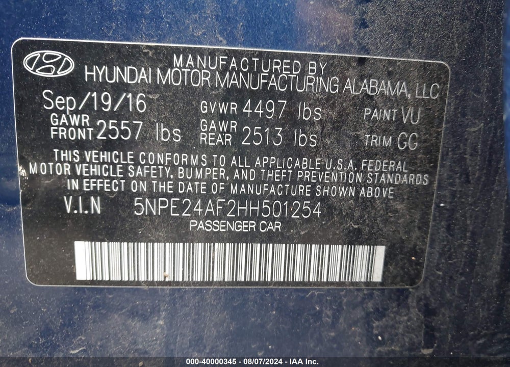 2017 HYUNDAI SONATA SE VIN: 5NPE24AF2HH501254
