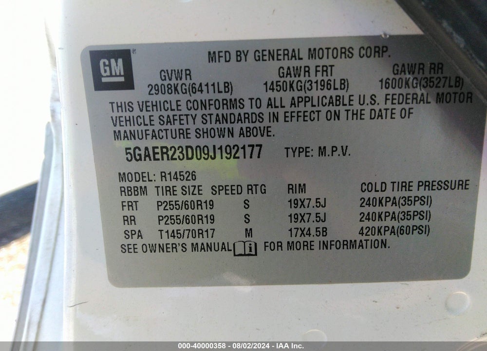 2009 BUICK ENCLAVE CXL VIN: 5GAER23D09J192177