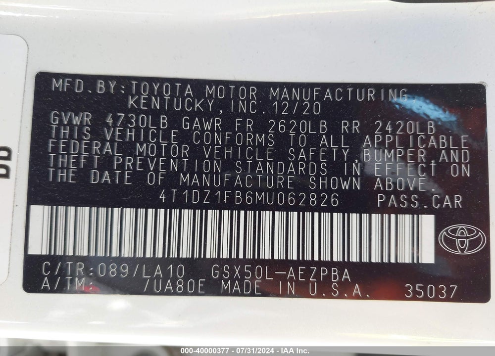 2021 TOYOTA AVALON LIMITED VIN: 4T1DZ1FB6MU062826