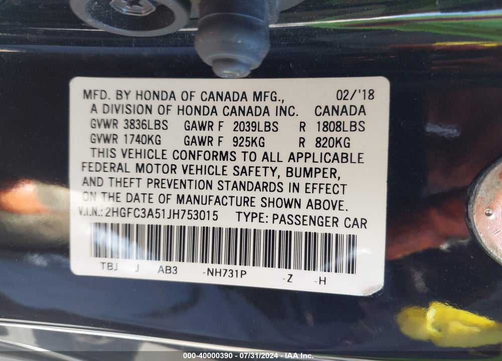 2018 HONDA CIVIC SI VIN: 2HGFC3A51JH753015