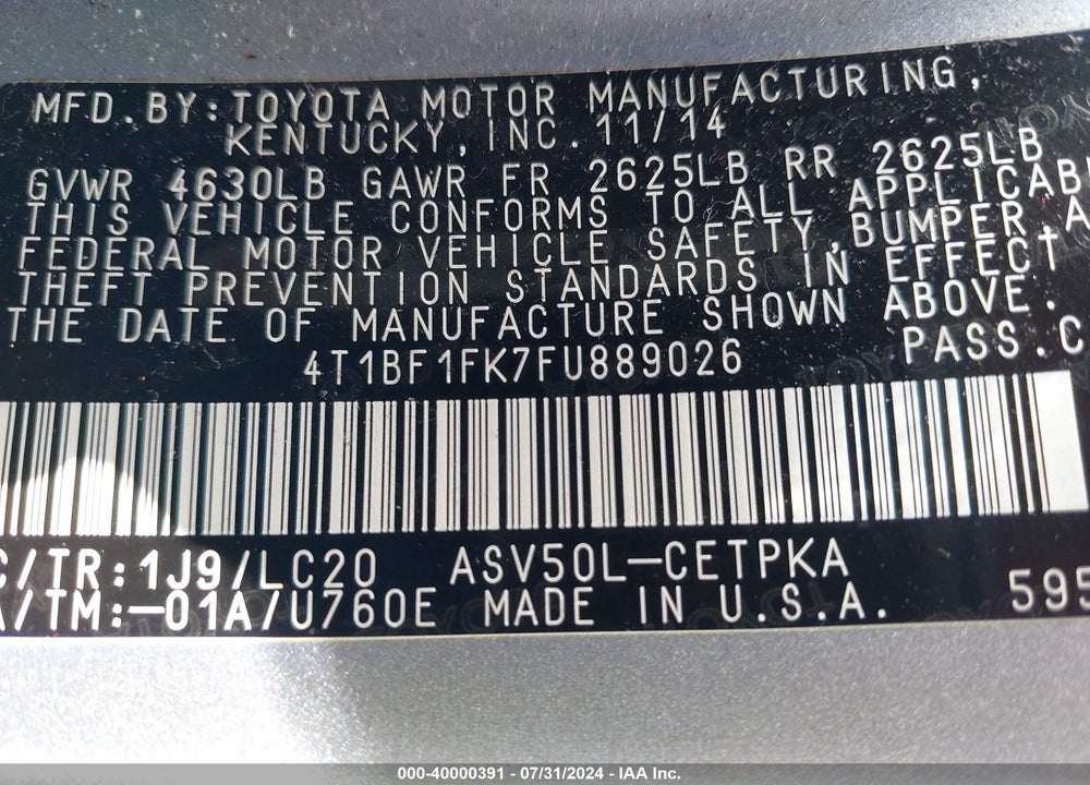 2015 TOYOTA CAMRY XSE VIN: 4T1BF1FK7FU889026