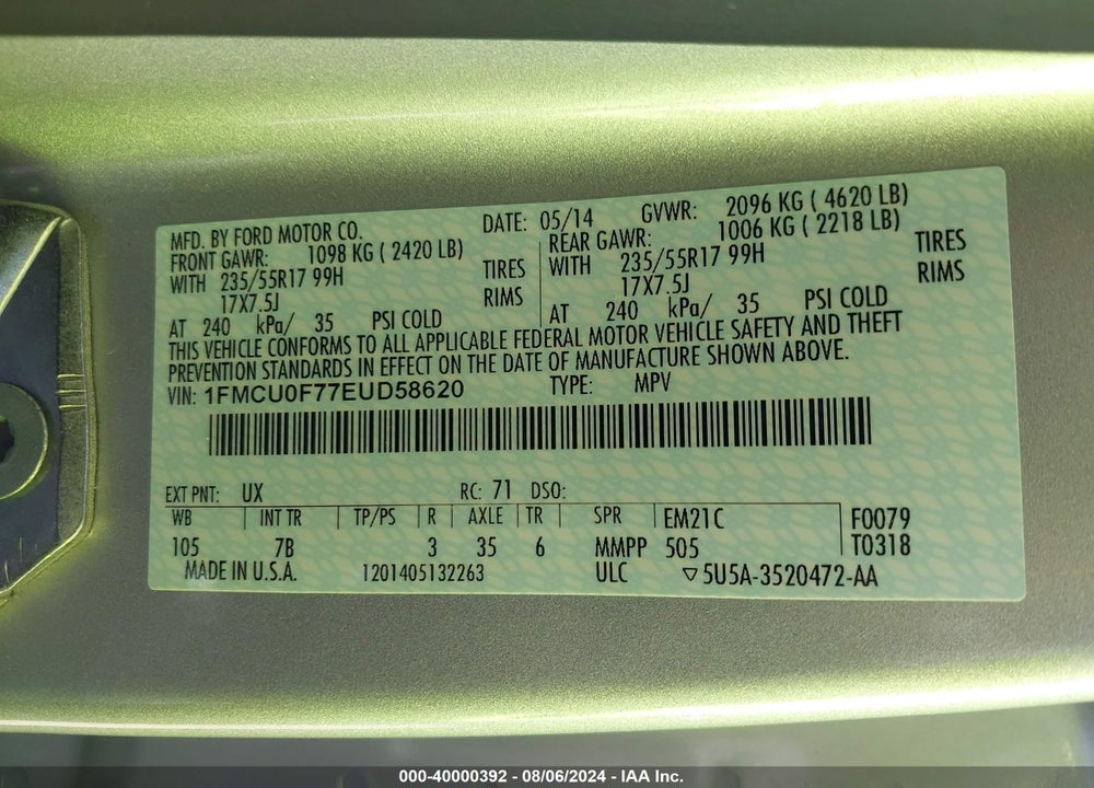 2014 FORD ESCAPE S VIN: 1FMCU0F77EUD58620