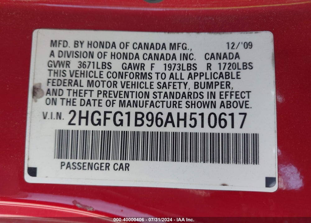 2010 HONDA CIVIC EX-L VIN: 2HGFG1B96AH510617