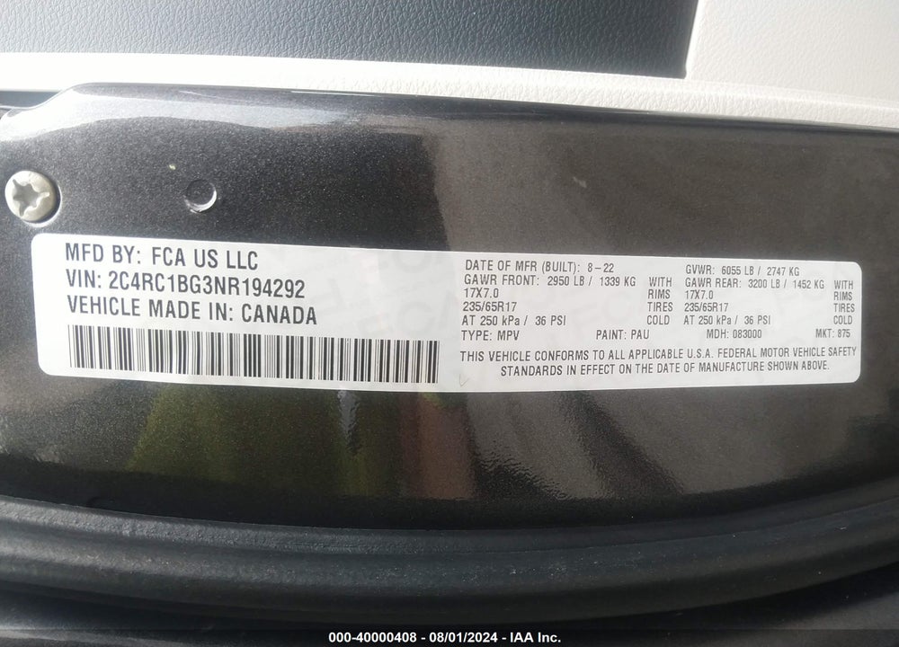 2022 CHRYSLER PACIFICA TOURING L VIN: 2C4RC1BG3NR194292
