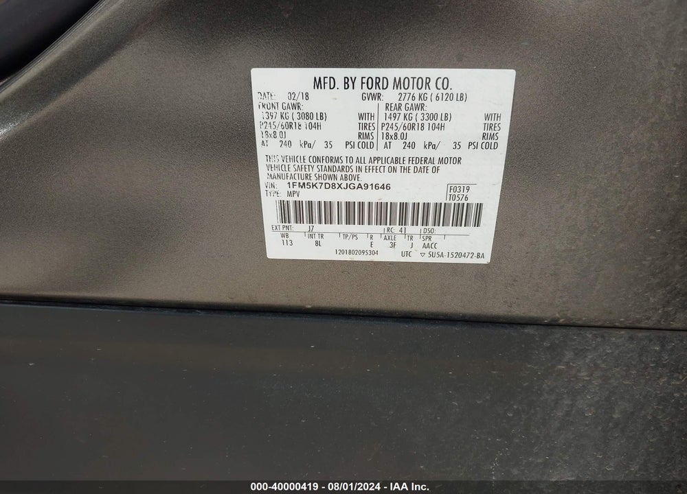 2018 FORD EXPLORER XLT VIN: 1FM5K7D8XJGA91646
