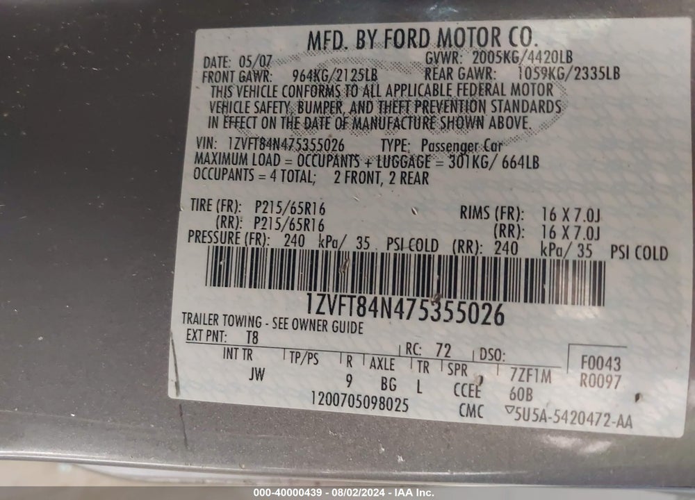 2007 FORD MUSTANG VIN: 1ZVFT84N475355026