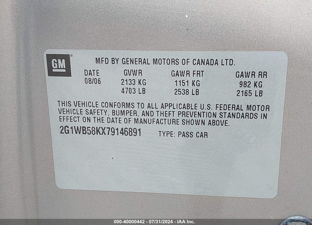 2007 CHEVROLET IMPALA LS VIN: 2G1WB58KX79146891