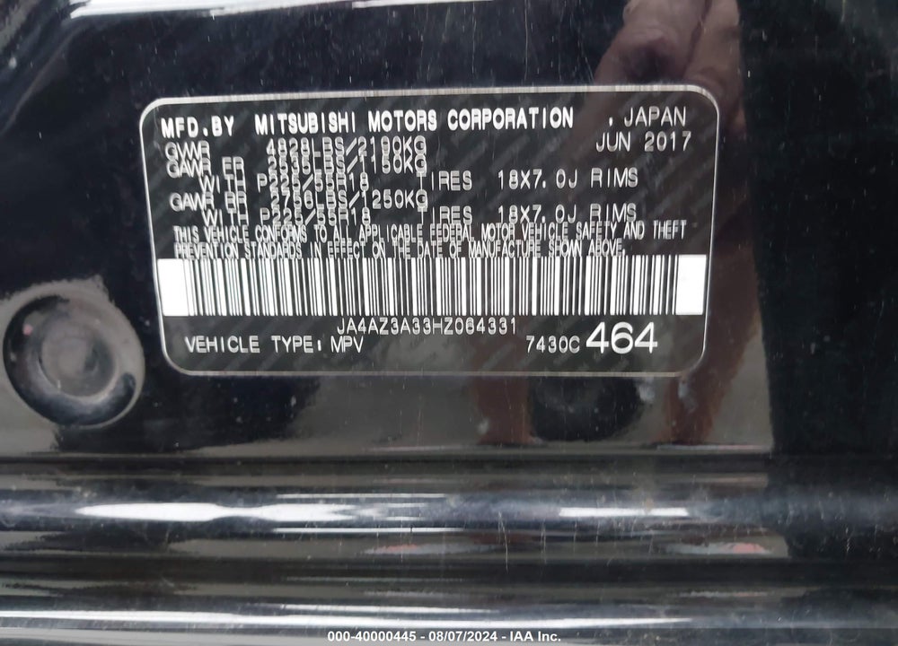 2017 MITSUBISHI OUTLANDER SE VIN: JA4AZ3A33HZ064331