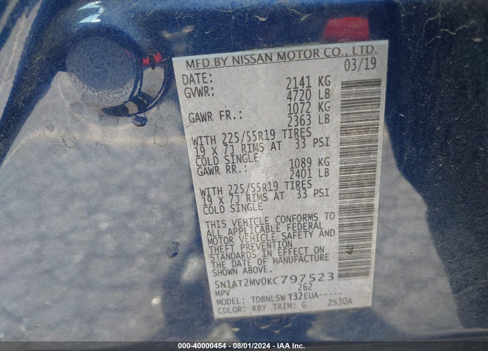 2019 NISSAN ROGUE SL VIN: 5N1AT2MV0KC797523