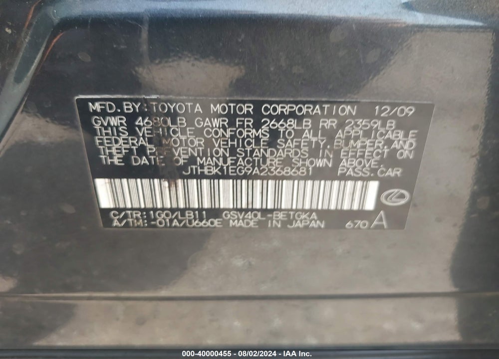 2010 LEXUS ES 350 VIN: JTHBK1EG9A2368681