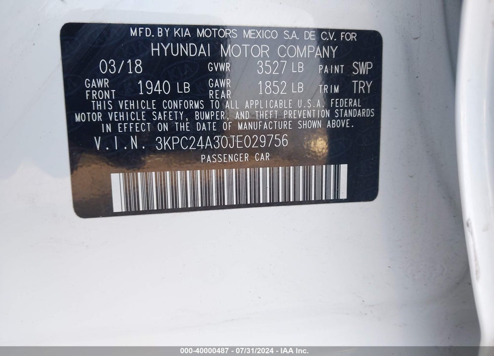 2018 HYUNDAI ACCENT SE VIN: 3KPC24A30JE029756
