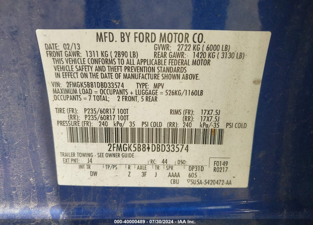 2013 FORD FLEX SE VIN: 2FMGK5B81DBD33574
