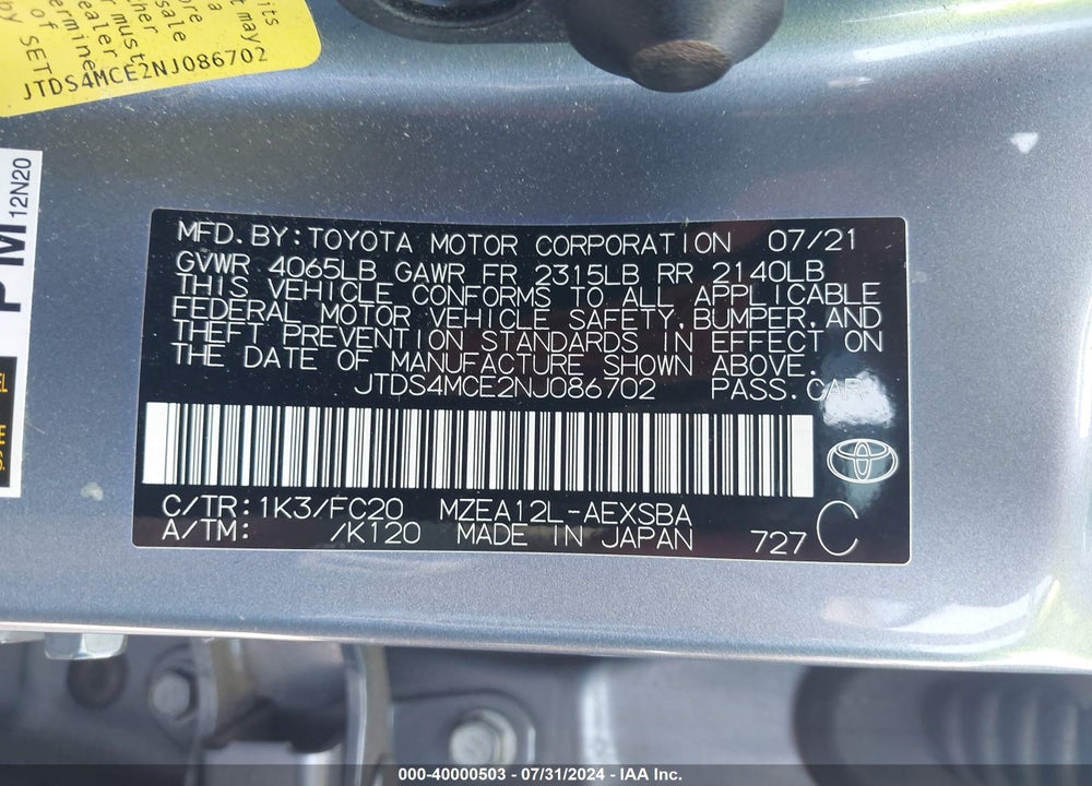 2022 TOYOTA COROLLA SE VIN: JTDS4MCE2NJ086702