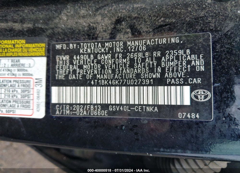 2007 TOYOTA CAMRY LE V6 VIN: 4T1BK46K77U027391