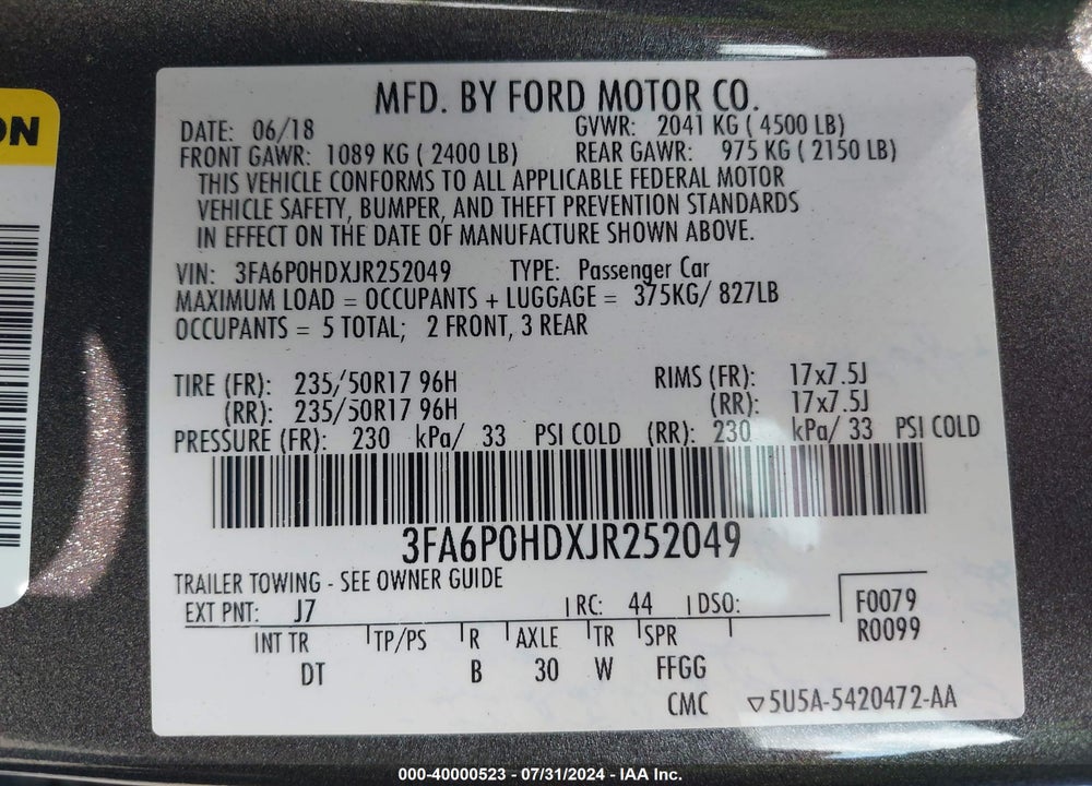 2018 FORD FUSION SE VIN: 3FA6P0HDXJR252049