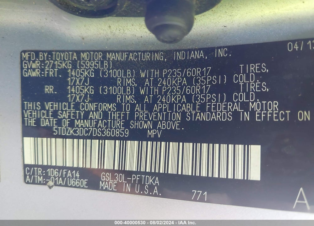 2013 TOYOTA SIENNA L V6 7 PASSENGER VIN: 5TDZK3DC7DS360859