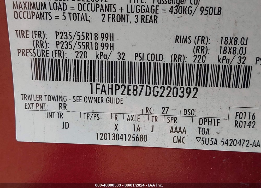 2013 FORD TAURUS SEL VIN: 1FAHP2E87DG220392