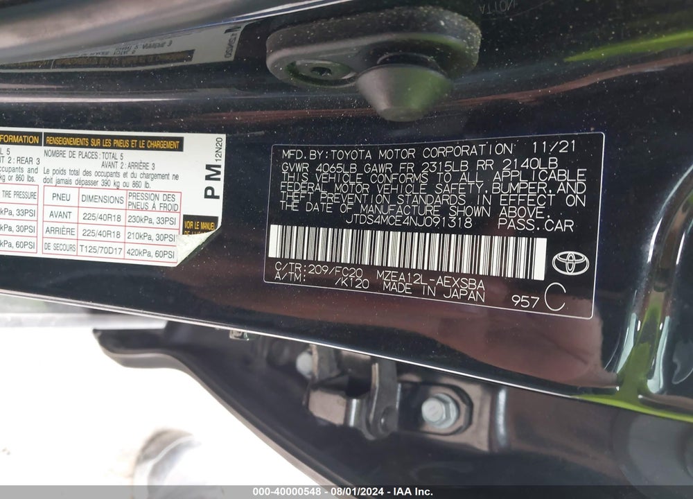 2022 TOYOTA COROLLA SE VIN: JTDS4MCE4NJ091318