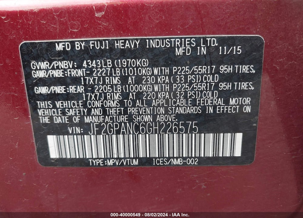 2016 SUBARU CROSSTREK 2.0I LIMITED VIN: JF2GPANC6GH226575