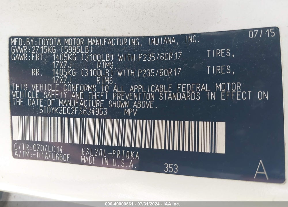 2015 TOYOTA SIENNA XLE 8 PASSENGER VIN: 5TDYK3DC2FS634953