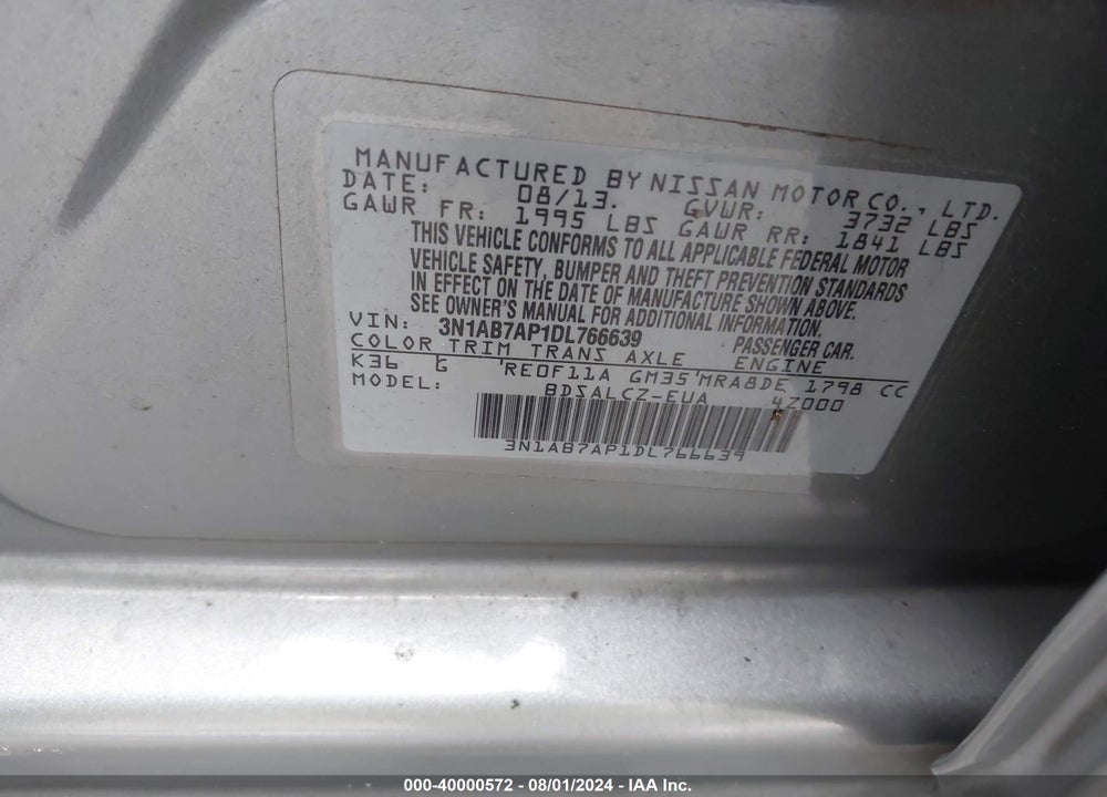 2013 NISSAN SENTRA S VIN: 3N1AB7AP1DL766639