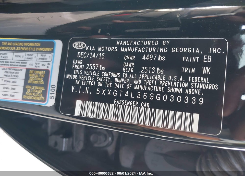 2016 KIA OPTIMA LX VIN: 5XXGT4L36GG030339