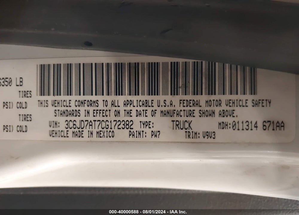 2012 RAM 1500 ST VIN: 3C6JD7AT7CG172382