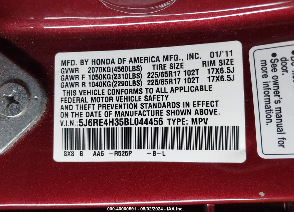 2011 HONDA CR-V LX VIN: 5J6RE4H35BL044456