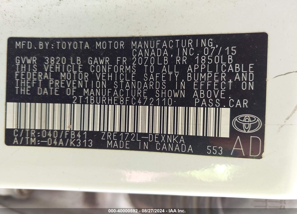 2015 TOYOTA COROLLA LE VIN: 2T1BURHE8FC472110