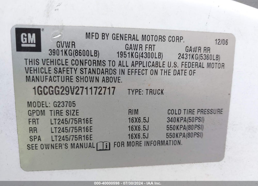 2007 CHEVROLET EXPRESS WORK VAN VIN: 1GCGG29V271172717