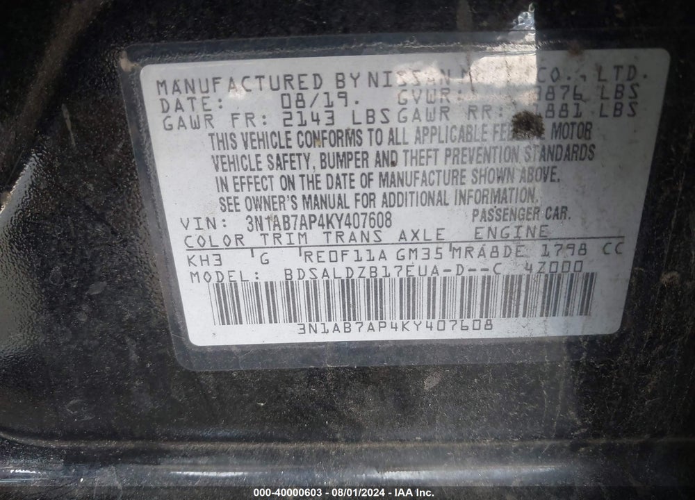 2019 NISSAN SENTRA SV VIN: 3N1AB7AP4KY407608