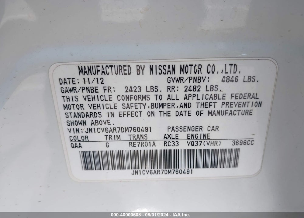 2013 INFINITI G37X VIN: JN1CV6AR7DM760491