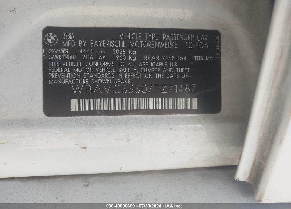 2007 BMW 328I VIN: WBAVC53507FZ71487