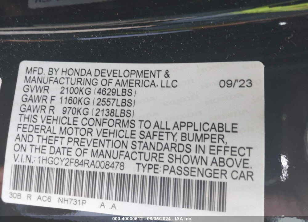 2024 HONDA ACCORD HYBRID TOURING VIN: 1HGCY2F84RA008478