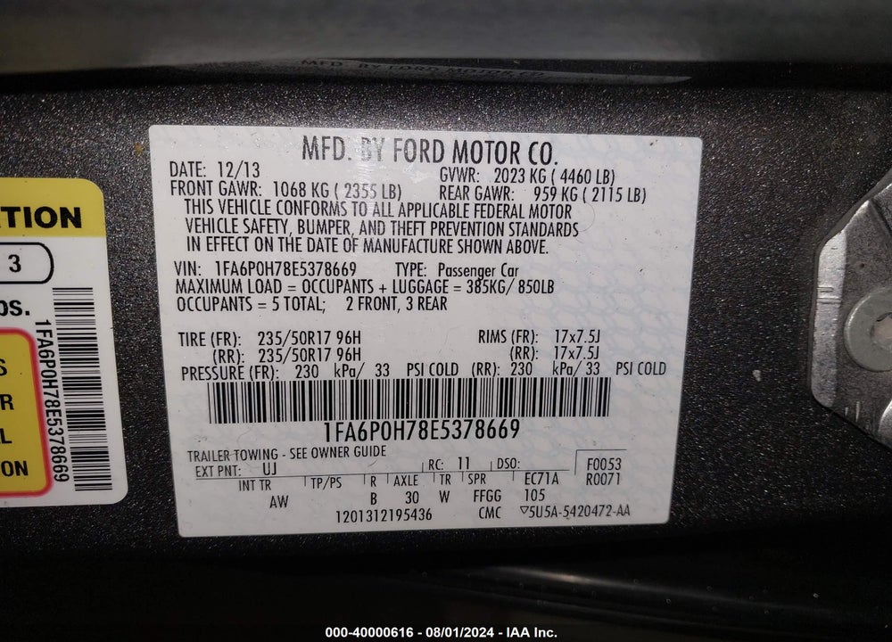 2014 FORD FUSION SE VIN: 1FA6P0H78E5378669