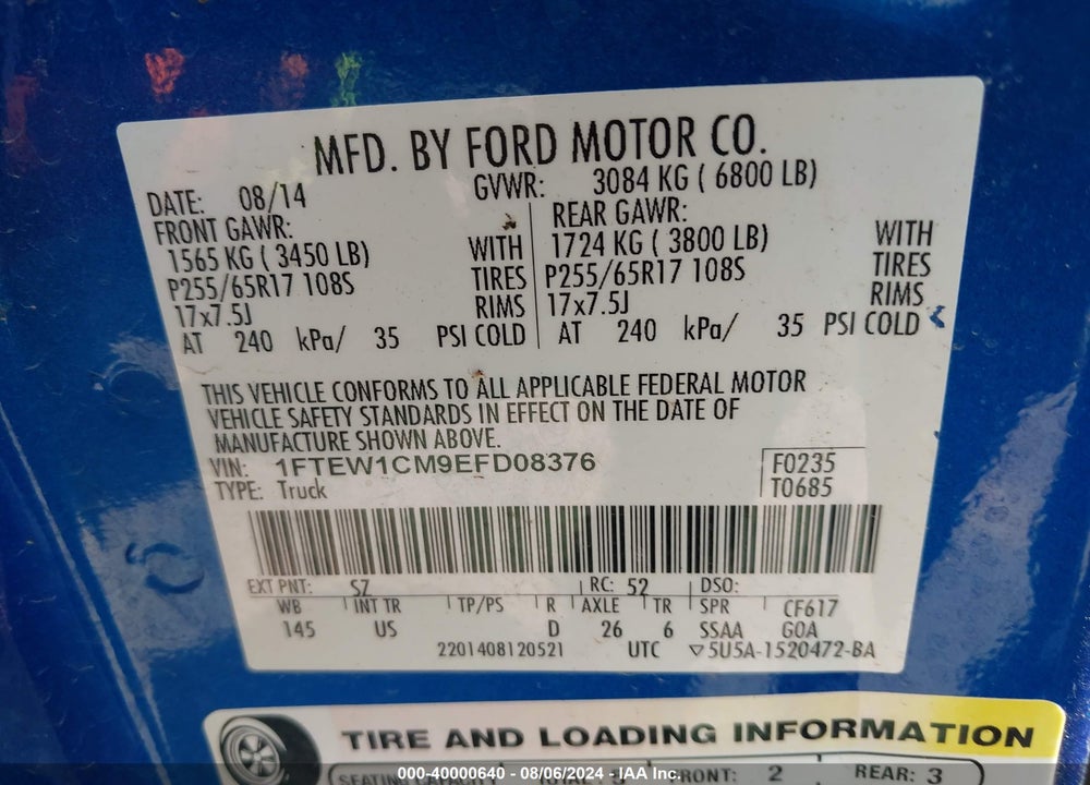 2014 FORD F-150 XLT VIN: 1FTEW1CM9EFD08376