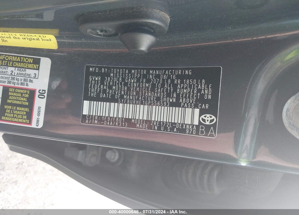 2016 TOYOTA COROLLA LE VIN: 5YFBURHE1GP556593