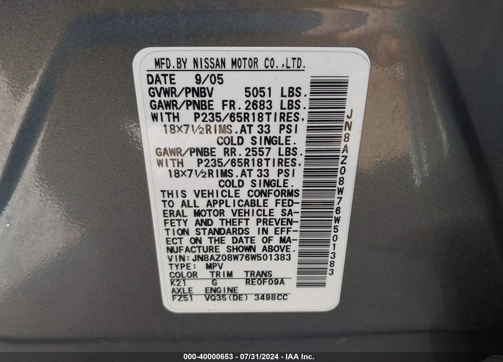 2006 NISSAN MURANO SL VIN: JN8AZ08W76W501383