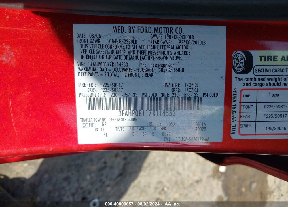2007 FORD FUSION SEL VIN: 3FAHP08117R114553