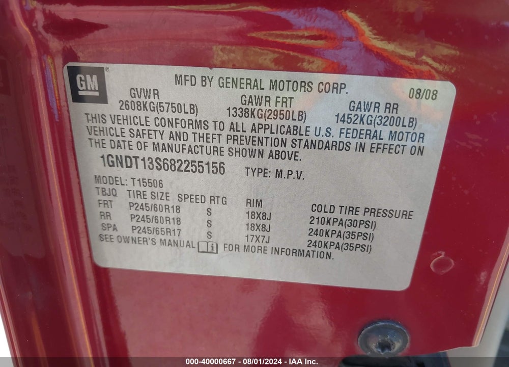 2008 CHEVROLET TRAILBLAZER LT VIN: 1GNDT13S682255156