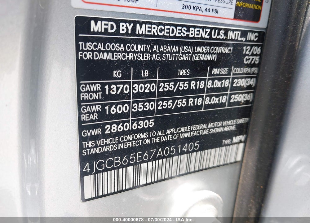 2007 MERCEDES-BENZ R 350 4MATIC VIN: 4JGCB65E67A051405