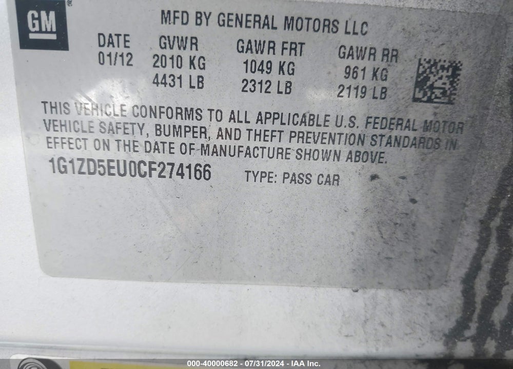 2012 CHEVROLET MALIBU 2LT VIN: 1G1ZD5EU0CF274166