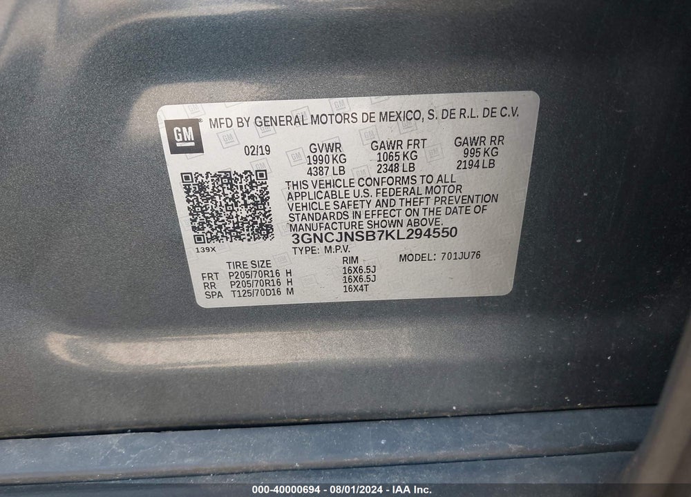 2019 CHEVROLET TRAX LS VIN: 3GNCJNSB7KL294550