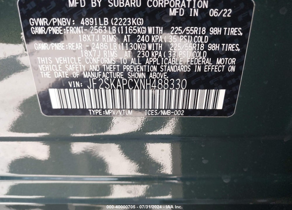 2022 SUBARU FORESTER LIMITED VIN: JF2SKAPCXNH488330