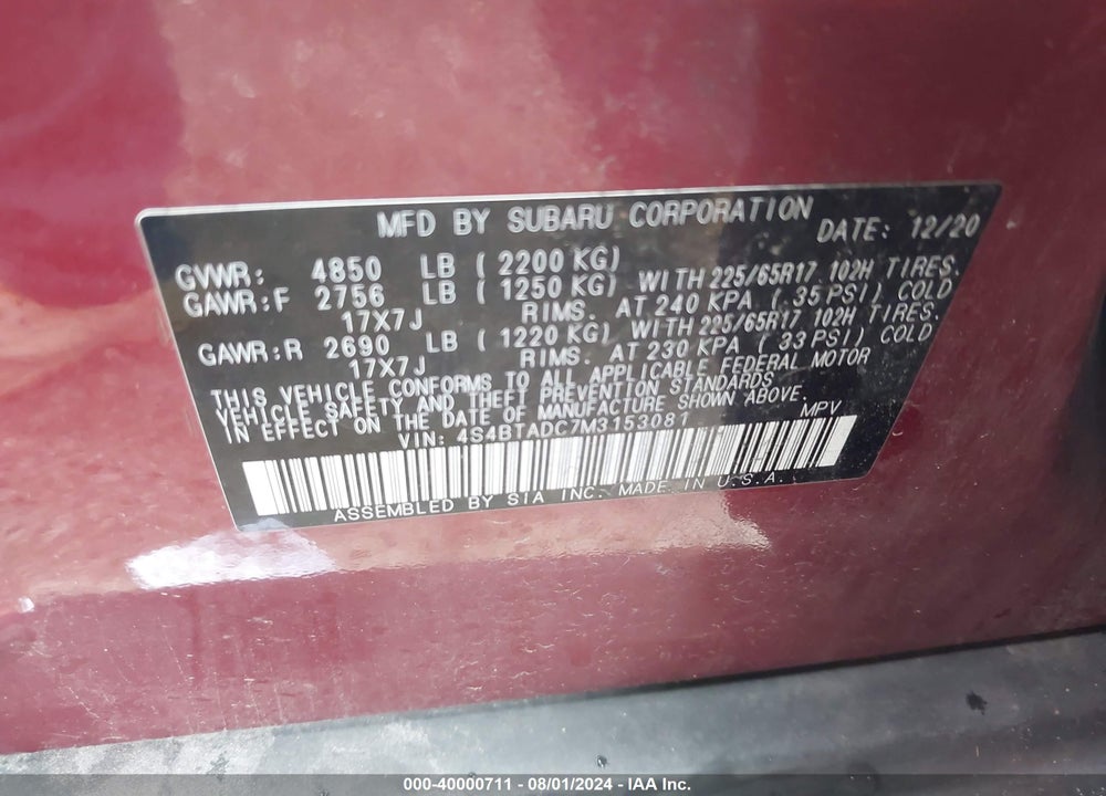 2021 SUBARU OUTBACK PREMIUM VIN: 4S4BTADC7M3153081