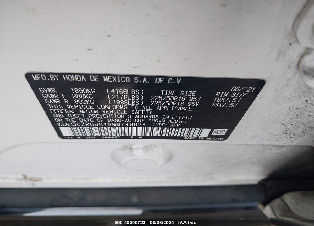 2021 HONDA HR-V AWD SPORT VIN: 3CZRU6H18MM749928