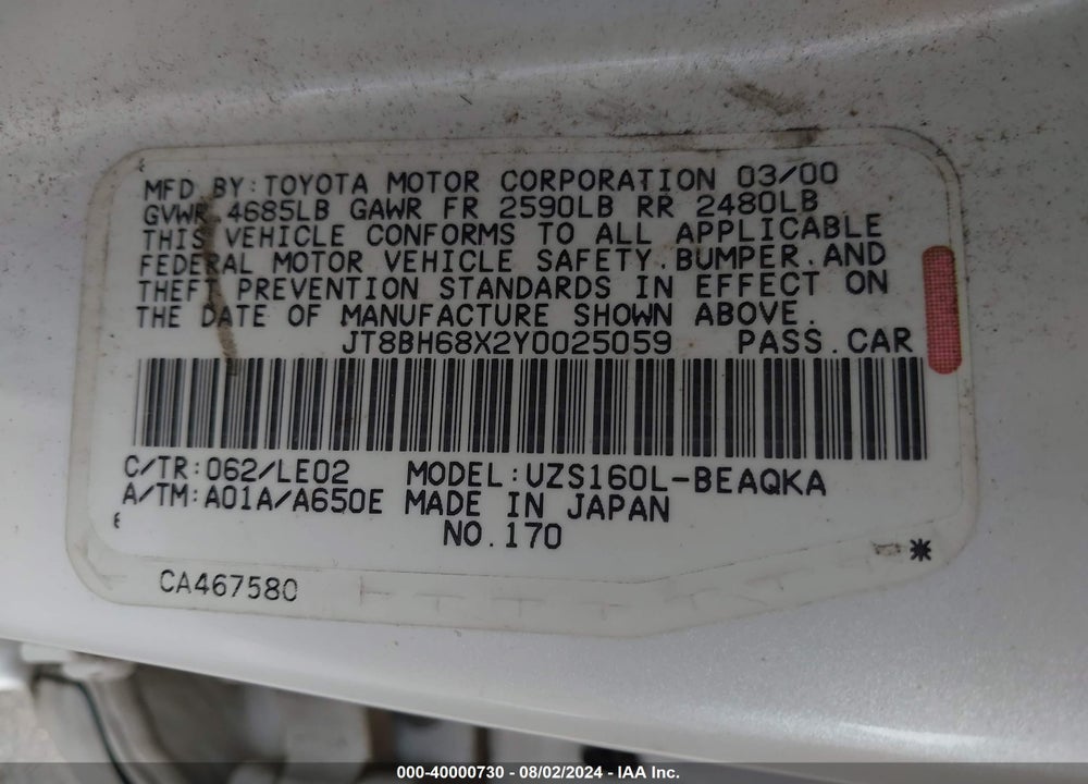 2000 LEXUS GS 400 VIN: JT8BH68X2Y0025059