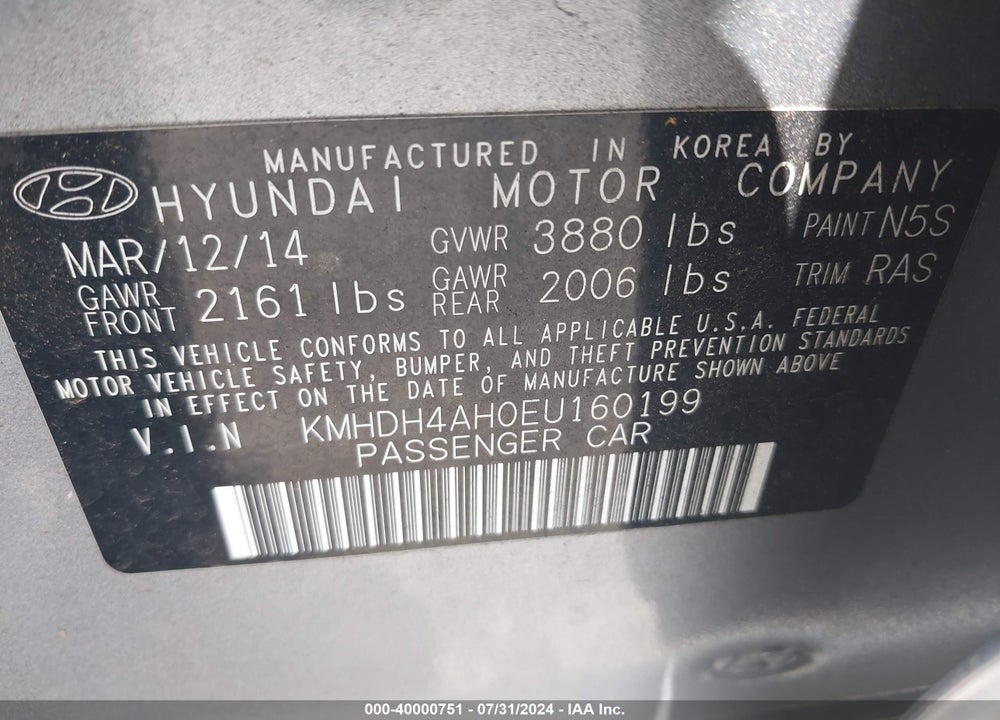 2014 HYUNDAI ELANTRA SPORT VIN: KMHDH4AH0EU160199