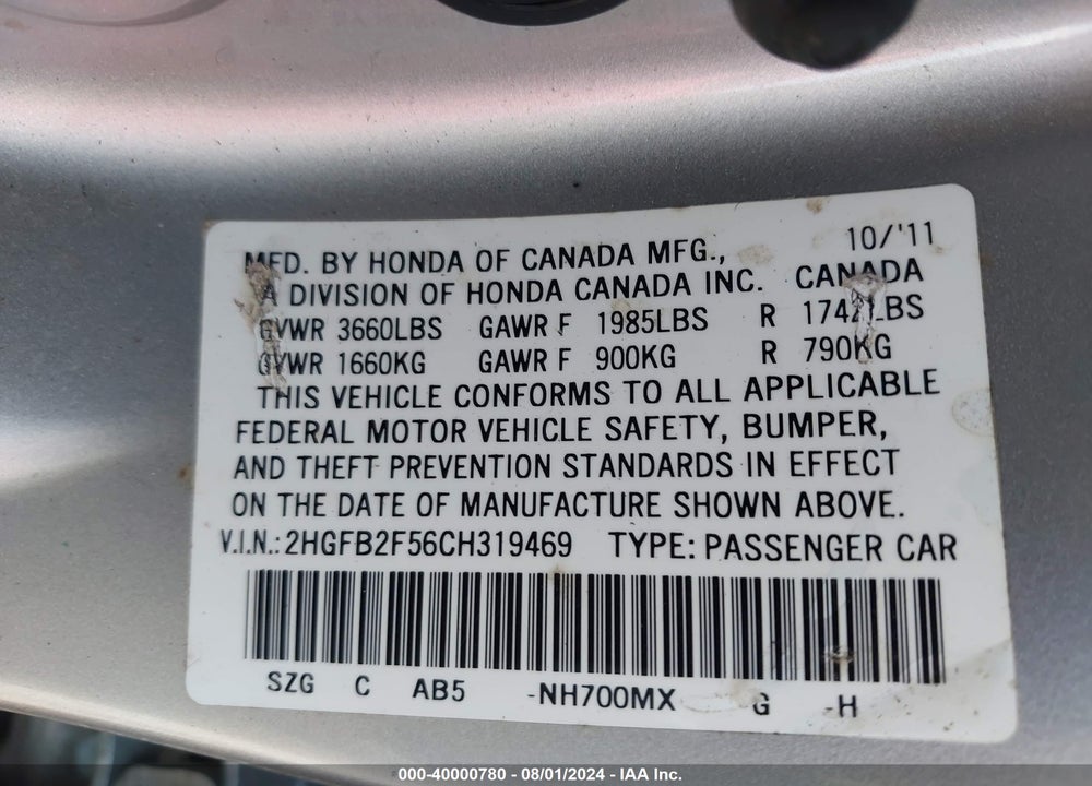 2012 HONDA CIVIC VIN: 2HGFB2F56CH319469