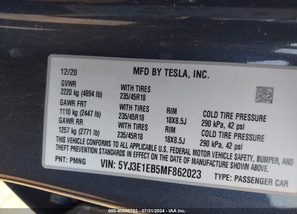2021 TESLA MODEL 3 LONG RANGE DUAL MOTOR ALL-WHEEL DRIVE VIN: 5YJ3E1EB5MF862023